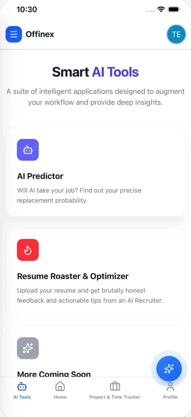 Offinex iPhone app showing its Smart AI Tools screen