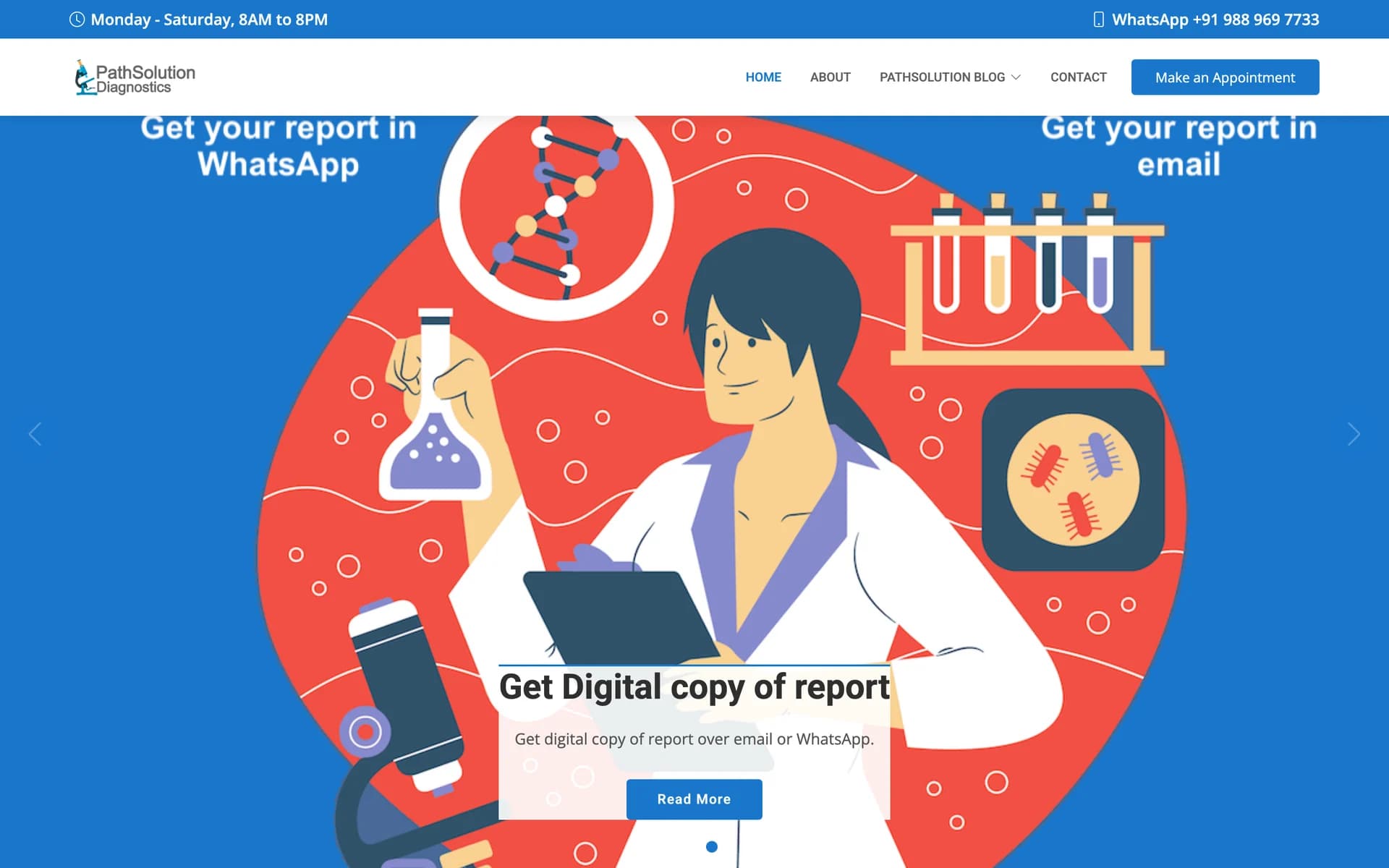 PathSolution Diagnostics homepage promoting digital reports over email or WhatsApp