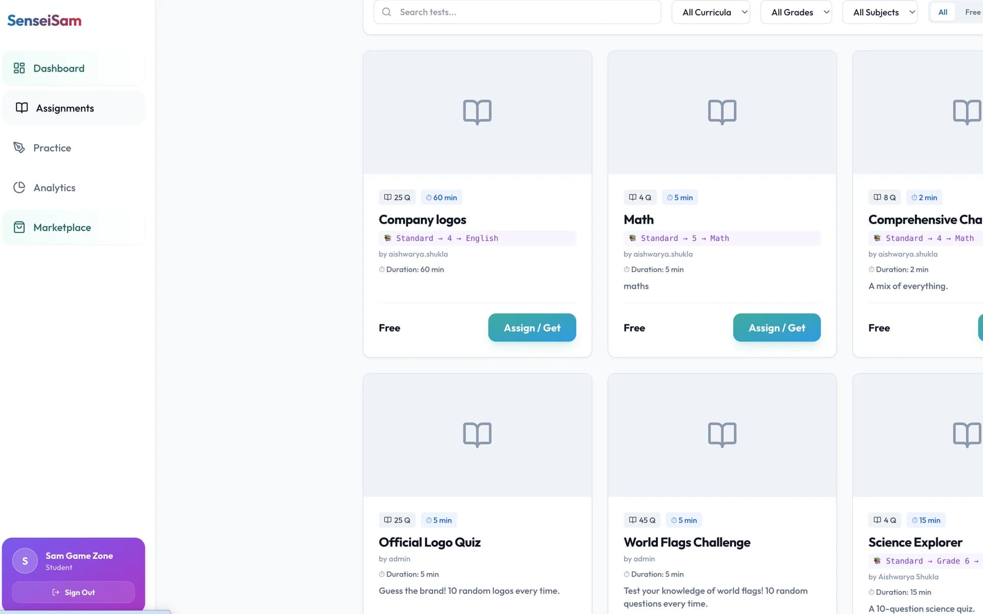 SenseiSam test marketplace with filters for curriculum, grade and subject